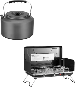 FineFlame Camping Stove 2 Burner, Portable Propane Gas Stove 20000 BTU with Bulin 2.2L Camping Kettle Camp Tea Coffee Pot Large