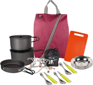 FINJAN Backpack Cooking Kit Camping Cooking Set for 3 in a Convenient Carrying Sack Easy Folding Storage for Camping Backpacking Travel Stove Pots Pan Knife Cutlery Plates Soft Case