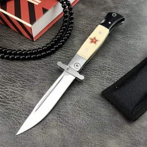 Finka-NKVD KGB Folding Pocket Knife,3.66" Mirror Polished 440C Blade and ABS Handle,Nylon Sheath,Assisted Opening Flipper Knife with Lockback, EDC for Camping Hunting Survival (Ivory white)