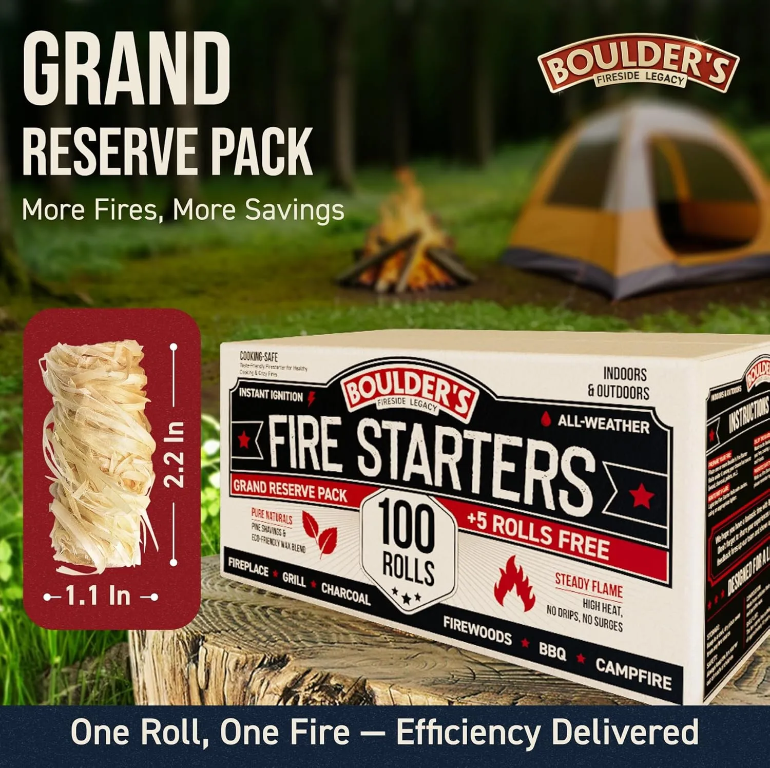 Fire Starter Rolls 200 pcs - Value Pack - Waterproof, Odorless - for BBQ, Charcoal Grills, Camping, Fire Pit, Indoor Fireplace, Wood Stove - Natural, Quick Ignition, Long Burn Charcoal Starter