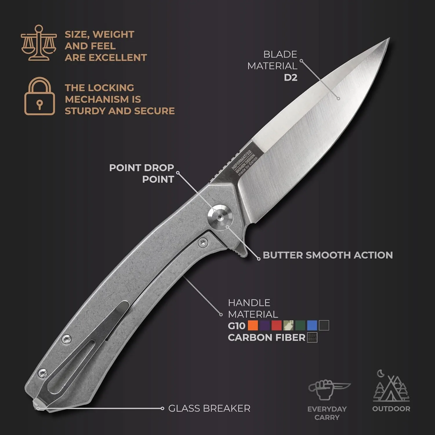 Firebird GANZO Adimanti Skimen Pocket Folding Knife G10 Handle with Clip and Glass Breaker D2 Steel Blade Hunting Fishing Camping Outdoor EDC Knife (Camouflage)