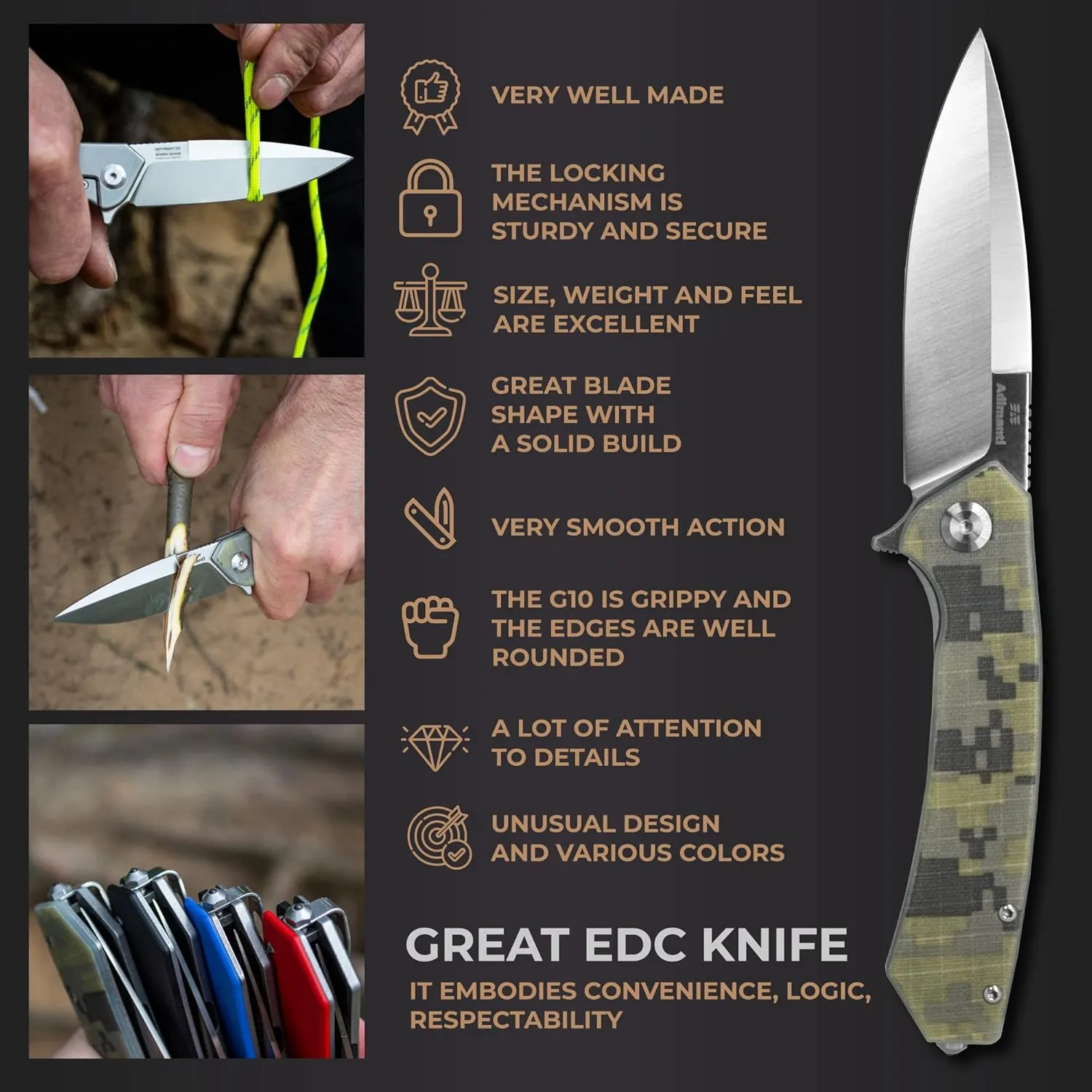 Firebird GANZO Adimanti Skimen Pocket Folding Knife G10 Handle with Clip and Glass Breaker D2 Steel Blade Hunting Fishing Camping Outdoor EDC Knife (Camouflage)