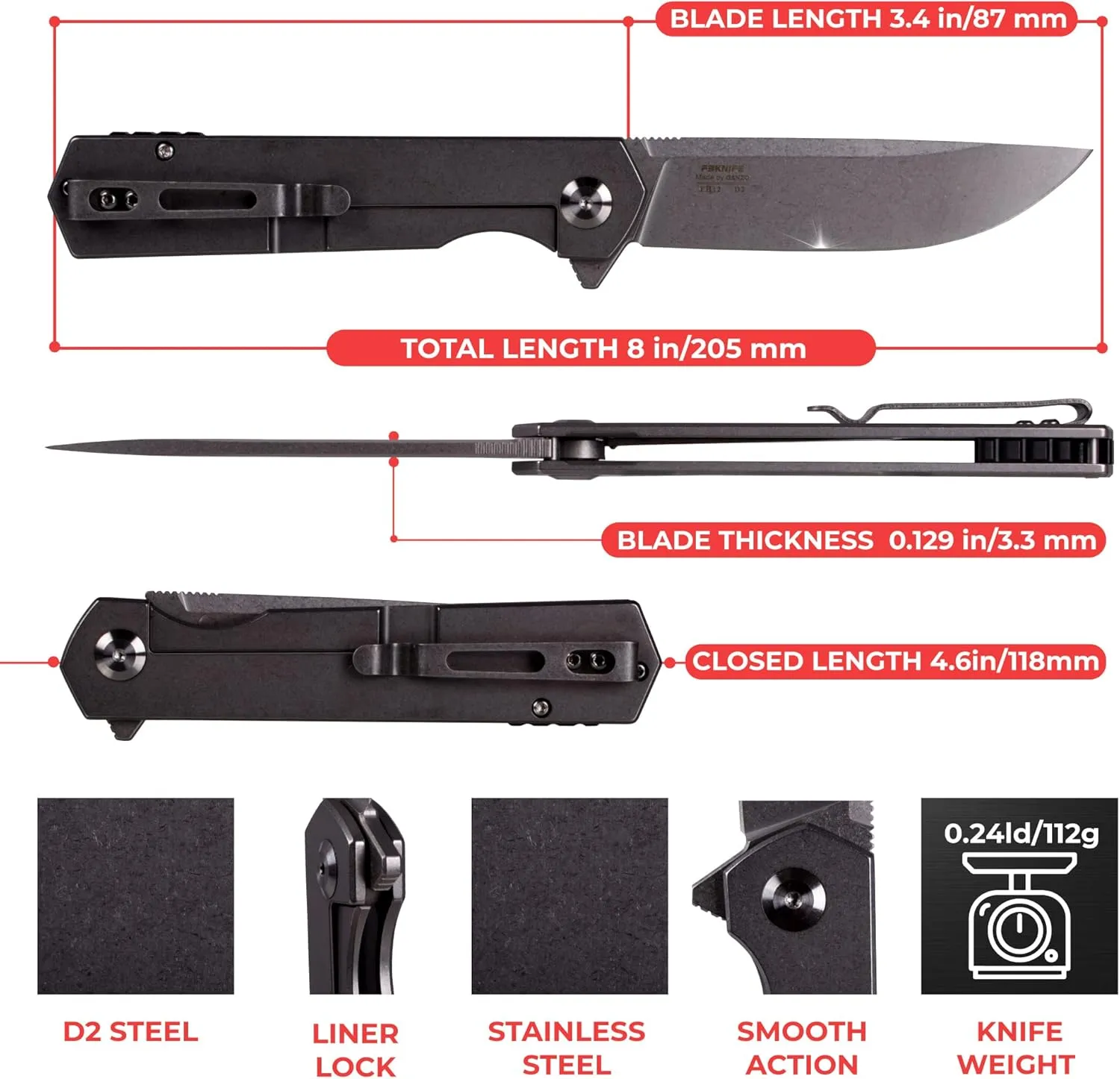 Firebird Ganzo FH13-SS Pocket Folding Knife 60HRC D2 Steel Blade All Steel Handle with Clip Tactical Outdoor Camping Folder EDC Pocket Knife (Titan Dark grey)