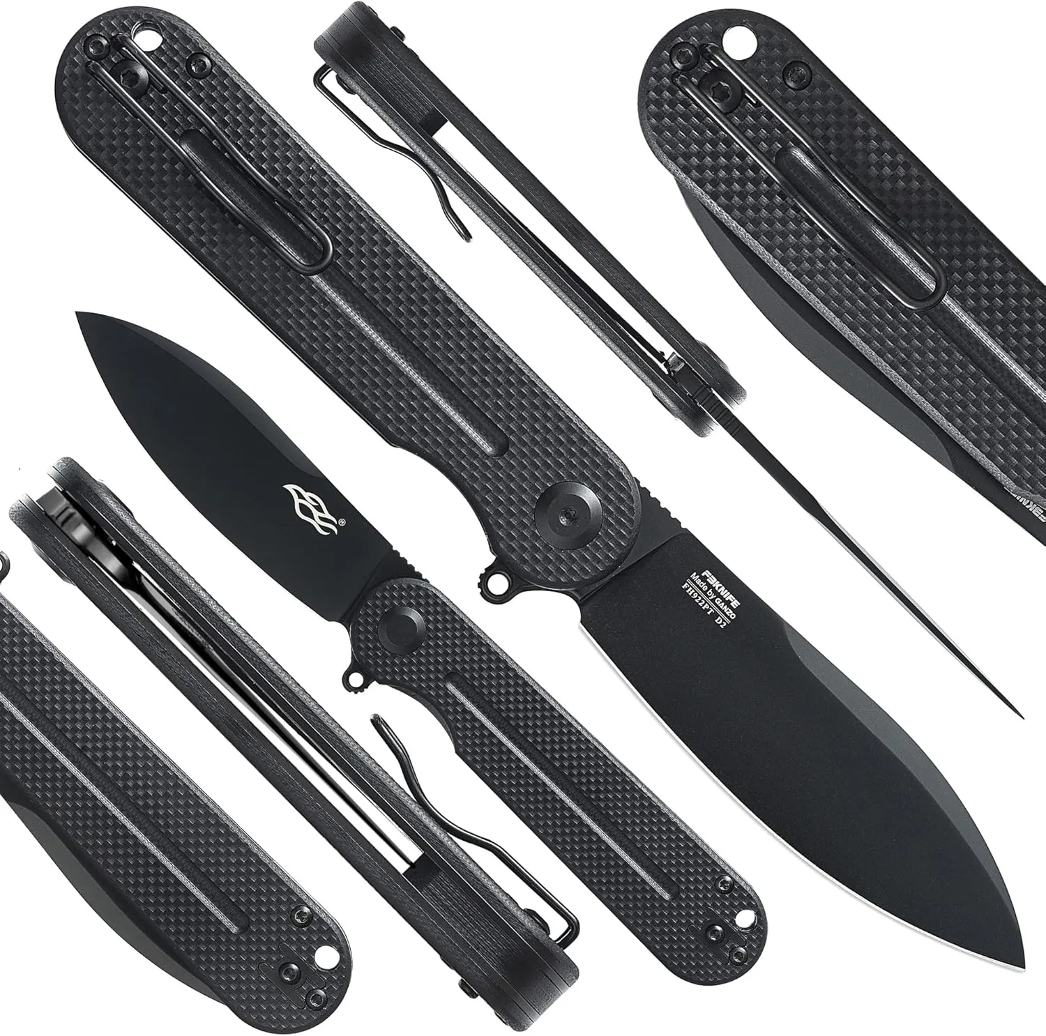Firebird Ganzo FH922PT-BK EDC Folding Pocket Knife Razor Sharp D2 Stainless Steel Black Blade G10 Handle with Clip Outdoor Foldable Pocket Knife Hunting Fishing Hiking Gear Best Gift for Men (Black)