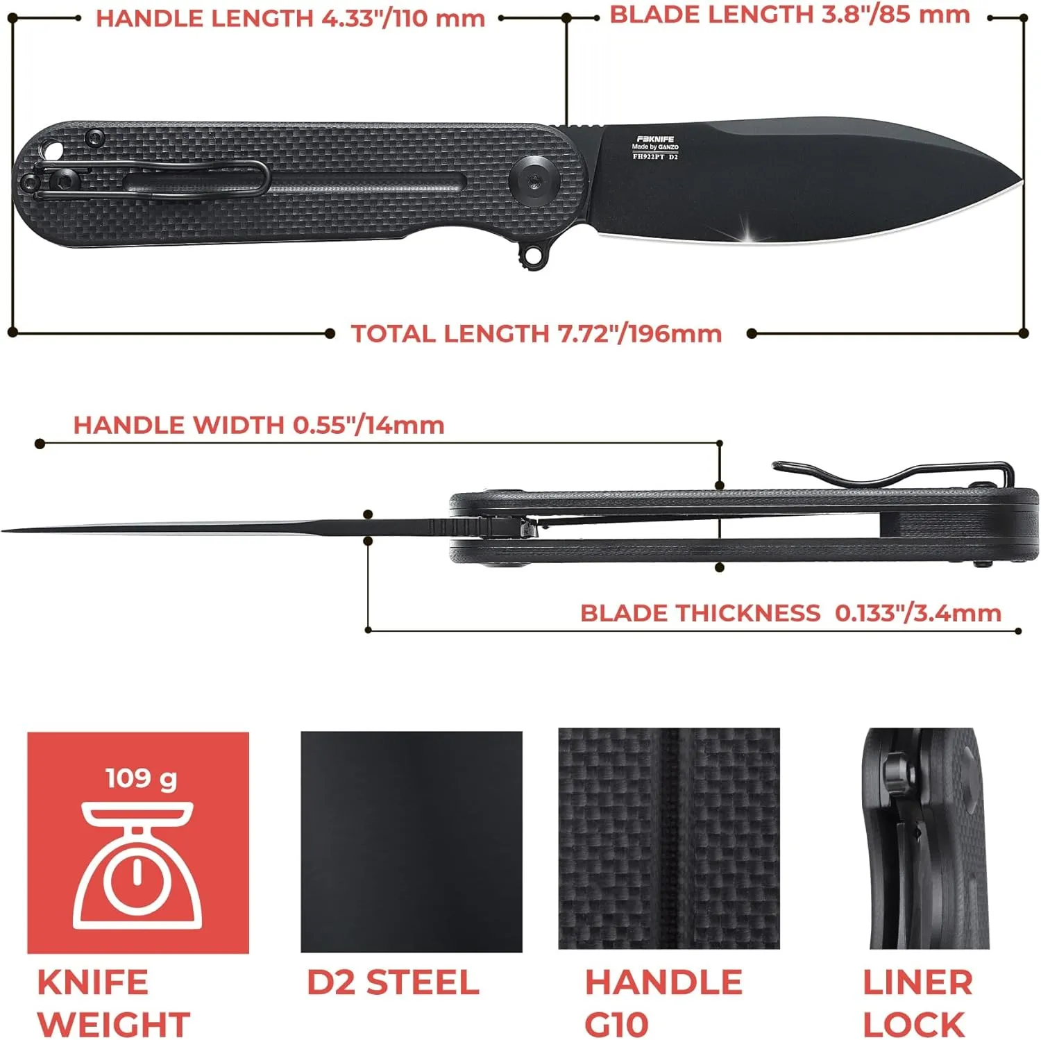 Firebird Ganzo FH922PT-BK EDC Folding Pocket Knife Razor Sharp D2 Stainless Steel Black Blade G10 Handle with Clip Outdoor Foldable Pocket Knife Hunting Fishing Hiking Gear Best Gift for Men (Black)