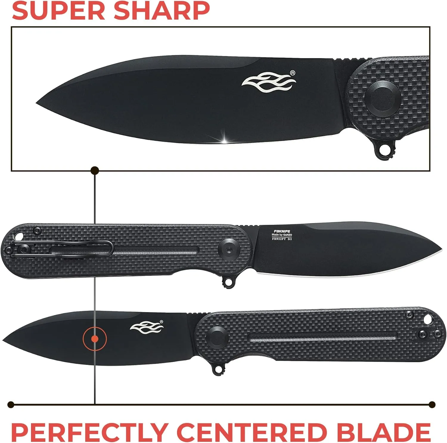 Firebird Ganzo FH922PT-BK EDC Folding Pocket Knife Razor Sharp D2 Stainless Steel Black Blade G10 Handle with Clip Outdoor Foldable Pocket Knife Hunting Fishing Hiking Gear Best Gift for Men (Black)
