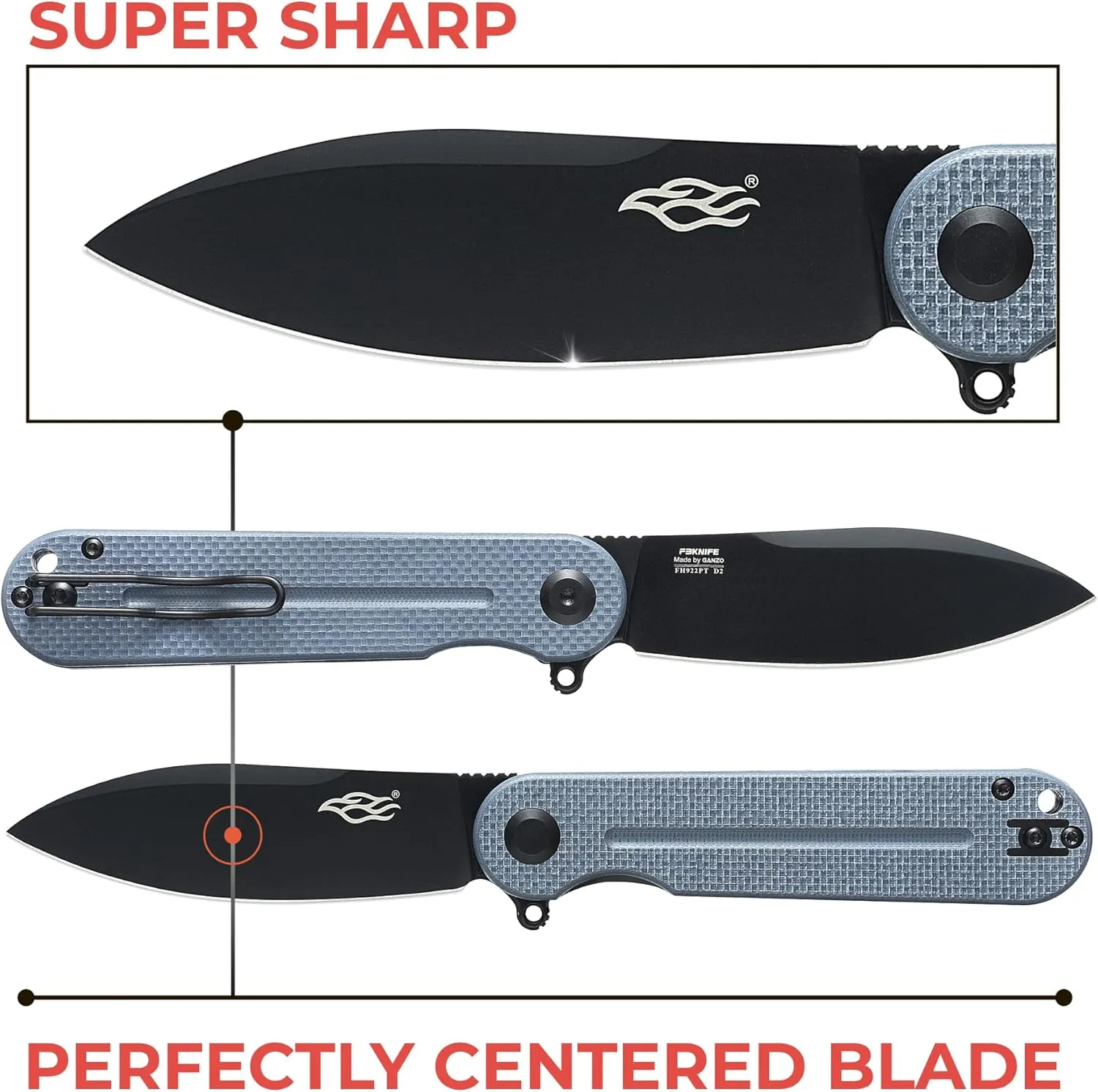 Firebird Ganzo FH922PT-GY EDC Folding Pocket Knife Razor Sharp D2 Stainless Steel Black Blade G10 Handle with Clip Outdoor Foldable Pocket Knife Hunting Fishing Hiking Gear Best Gift for Men (Gray)