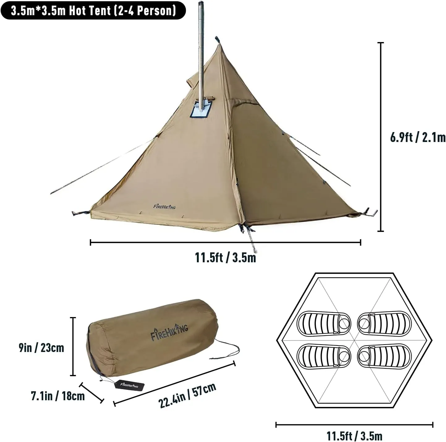 FIREHIKING Camping Hot Tent 2-4 Person Teepee Tent with Stove Jack for Backpacking Hunting