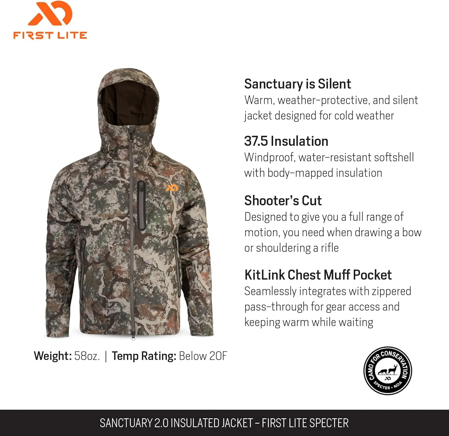 First Lite Sanctuary 2.0 Insulated Jacket - Fleece Hooded Windproof Camo Hunting Coat