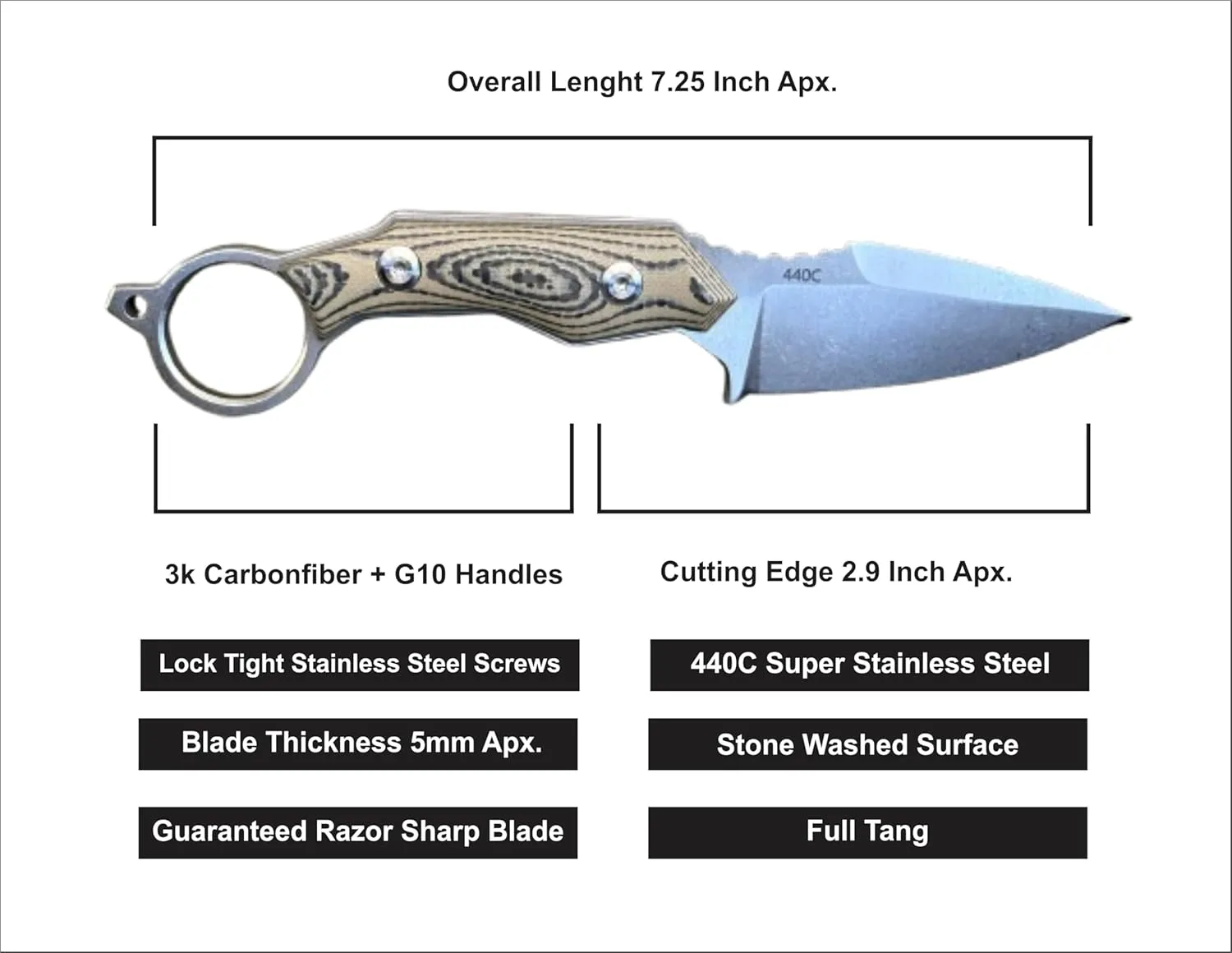 Fixed Blade Knife, Carbonfiber & G10 Scales, EDC With Kydex Sheath - Ideal for Skinning, Survival, Camping, Hunting & Outdoor - Tactical Pocket Knives For Outdoors (AT-005)