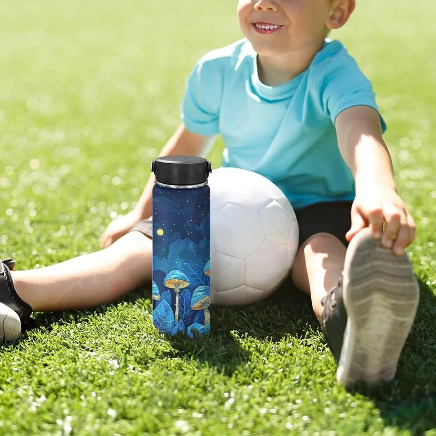 Flashideas Blue Mushroom Insulated water bottles 24 hr cold & 12 hr hot condensation Pro Grade Stainless Steel Leak Proof Double Walled Thermo Mug
