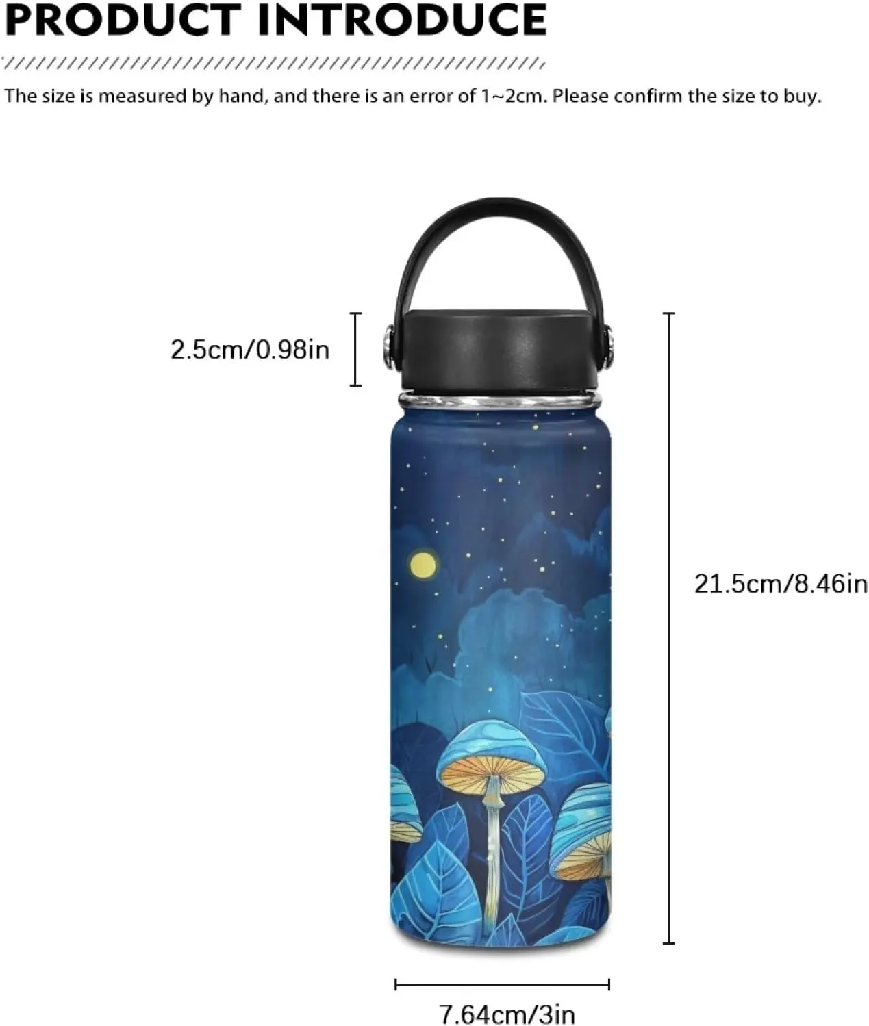Flashideas Blue Mushroom Insulated water bottles 24 hr cold & 12 hr hot condensation Pro Grade Stainless Steel Leak Proof Double Walled Thermo Mug