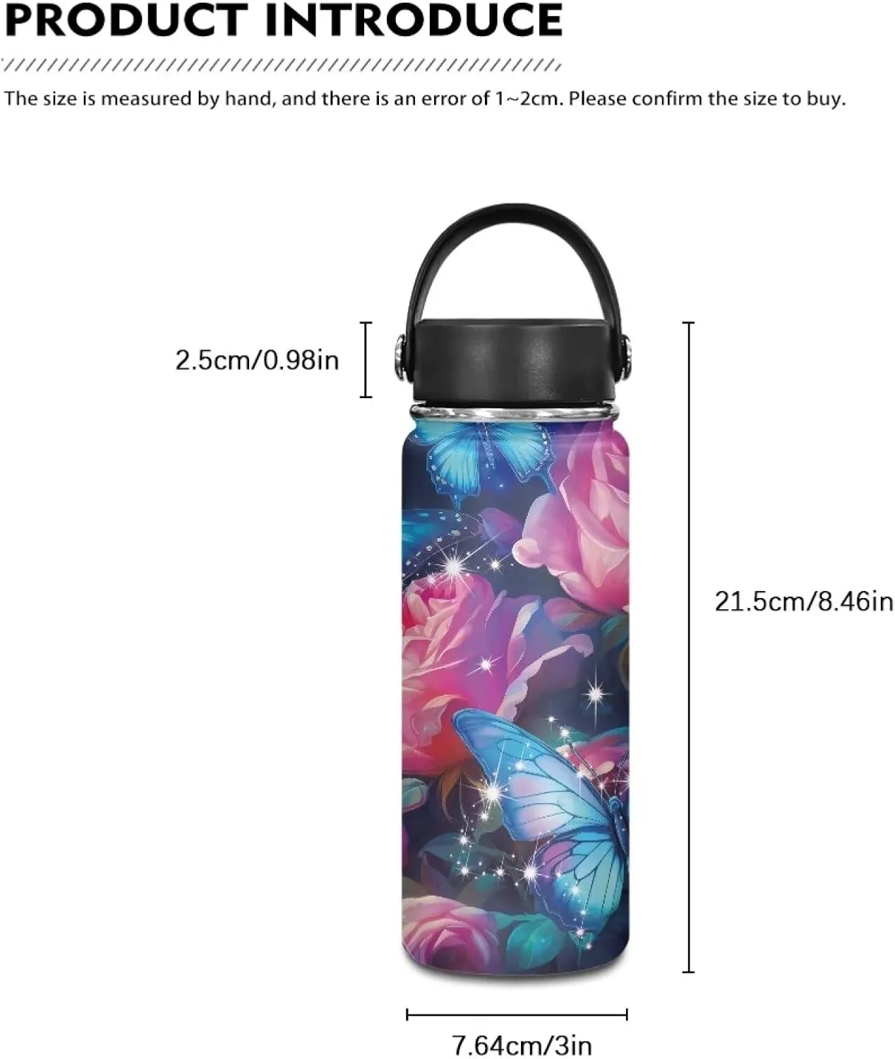 Flashideas Butterfly Rose 18oz Water Bottle Vacuum Insulated Stainless Steel Water Flask Leak Proof Double Walled Travel Drink Mug Metal Canteen Hot Cold Water Bottles