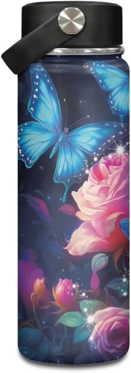 Flashideas Butterfly Rose 18oz Water Bottle Vacuum Insulated Stainless Steel Water Flask Leak Proof Double Walled Travel Drink Mug Metal Canteen Hot Cold Water Bottles
