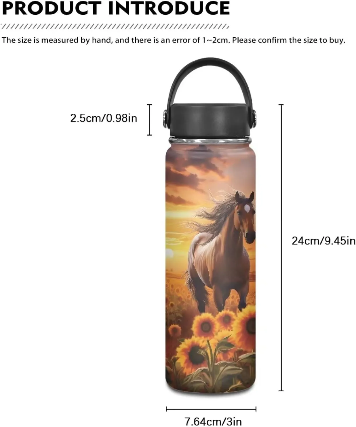 Flashideas Sunflower Horse Insulated Water Bottle and Lightweight Vacuum Insulated Flask Safe Stainless Steel Water bottle Keep Cold 24 Hour Hot 12 Hour 20oz