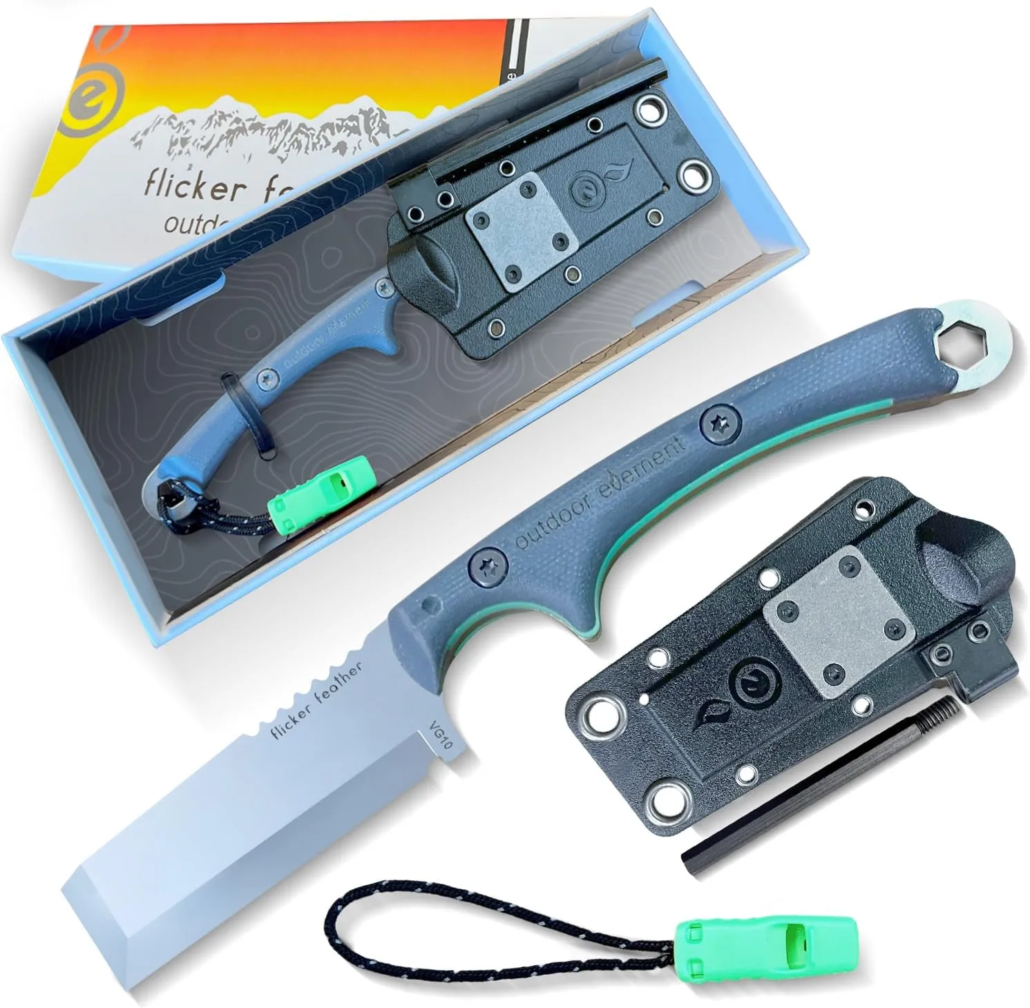 Flicker Feather Knife Wise Owl GLOW - Right-Handed Survival Chisel Blade for Camping, Hunting, Culinary Knives & Bushcraft - Fixed Blade with Sheath, Firestarter and Emergency Whistle