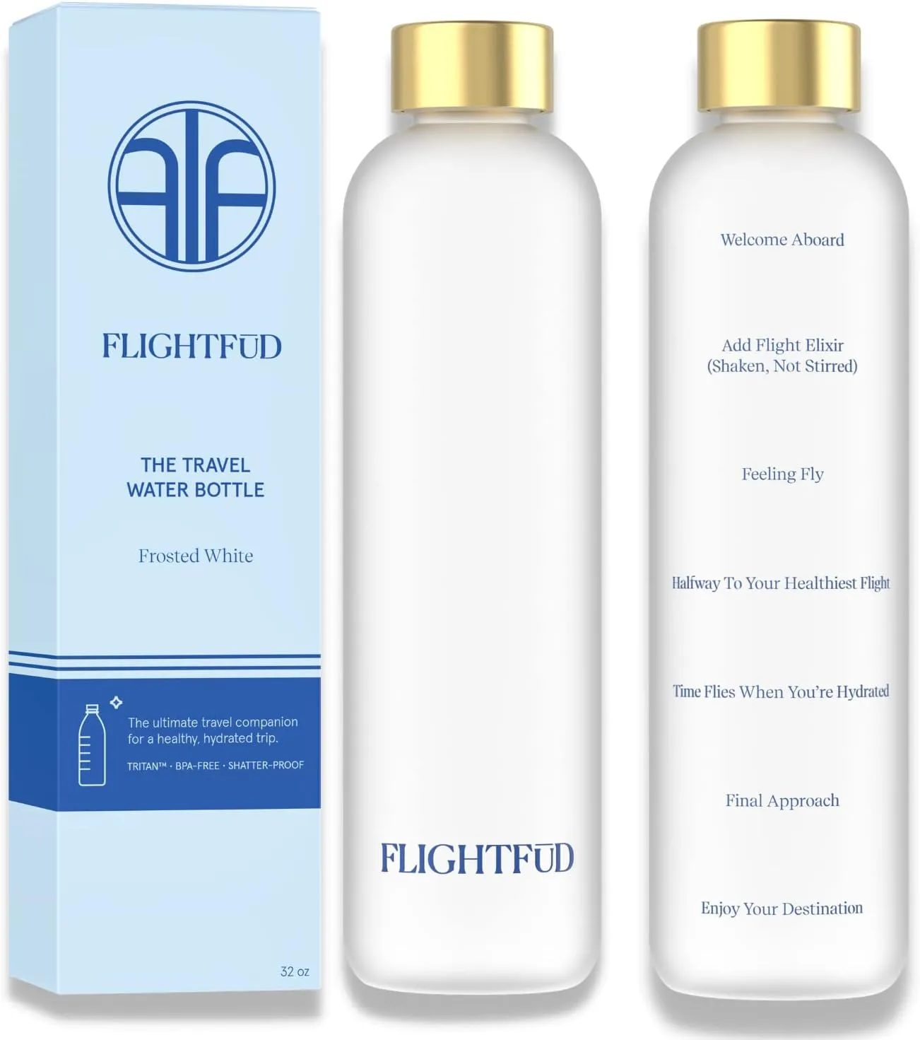 FLIGHTFŪD The Travel Water Bottle Leak Proof 32 ounce Motivational Water Bottle with Time Marker | BPA-Free Shatterproof Plastic | Frosted with Gold Lid