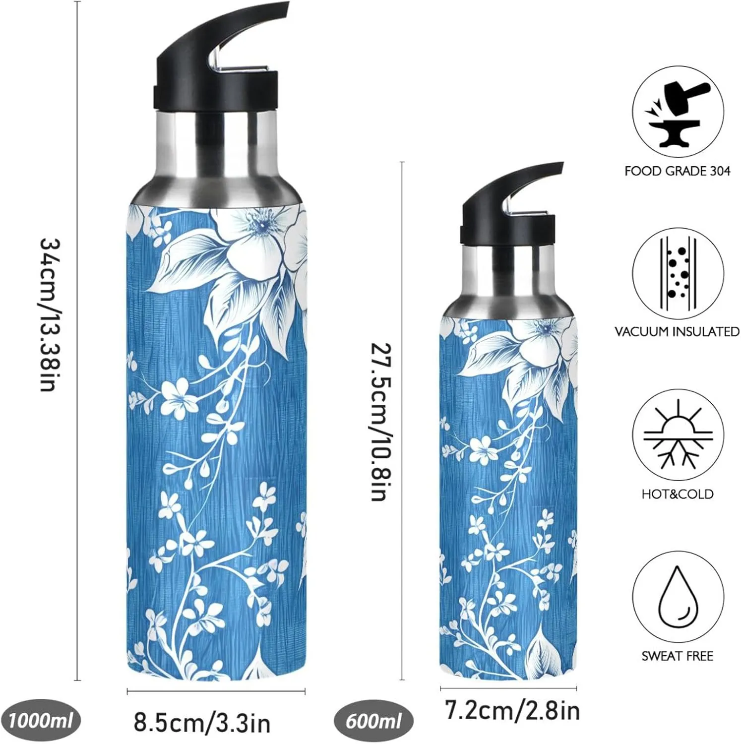 Floral Patterns Sports Water Bottle with Straw, 22oz BPA Free Stainless Steel Vacuum Insulated Bottle for Gym Fitness Outdoor