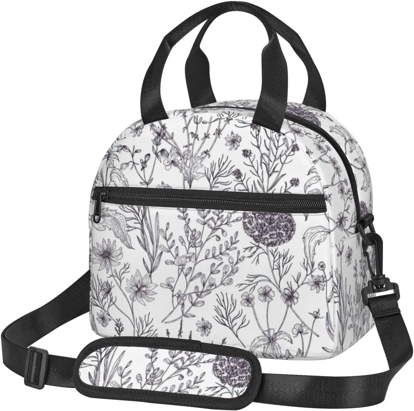 Flowering Herbs and Herbaceous Plants Print Lunch Bag Tote Reusable Lunch Box Container with Shoulder Strap Work Picnic Adult