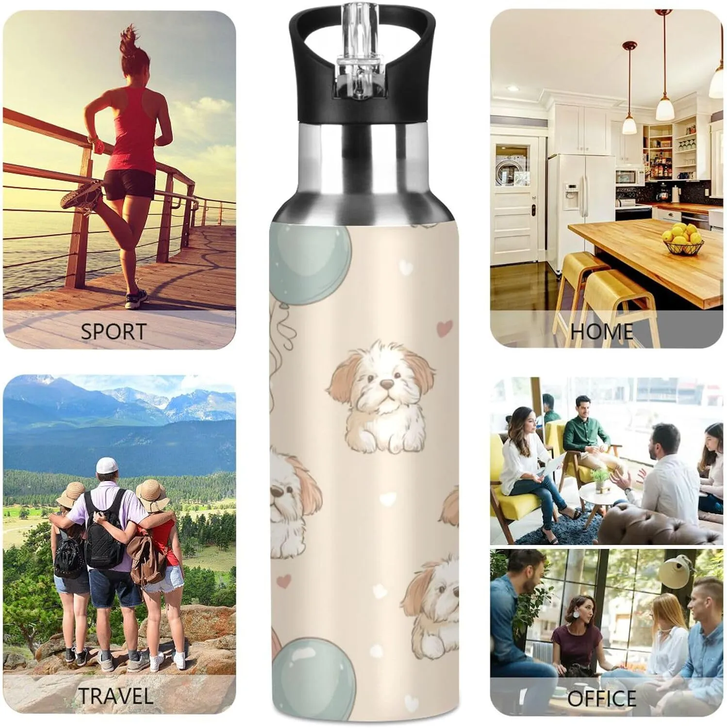 Fluffy Puppies Water Bottle with Straw Lid Double Wall Ballons Thermos Bottle Vacuum Insulated Flask Stainless Steel Water Bottle for Gym Outdoor 20 OZ