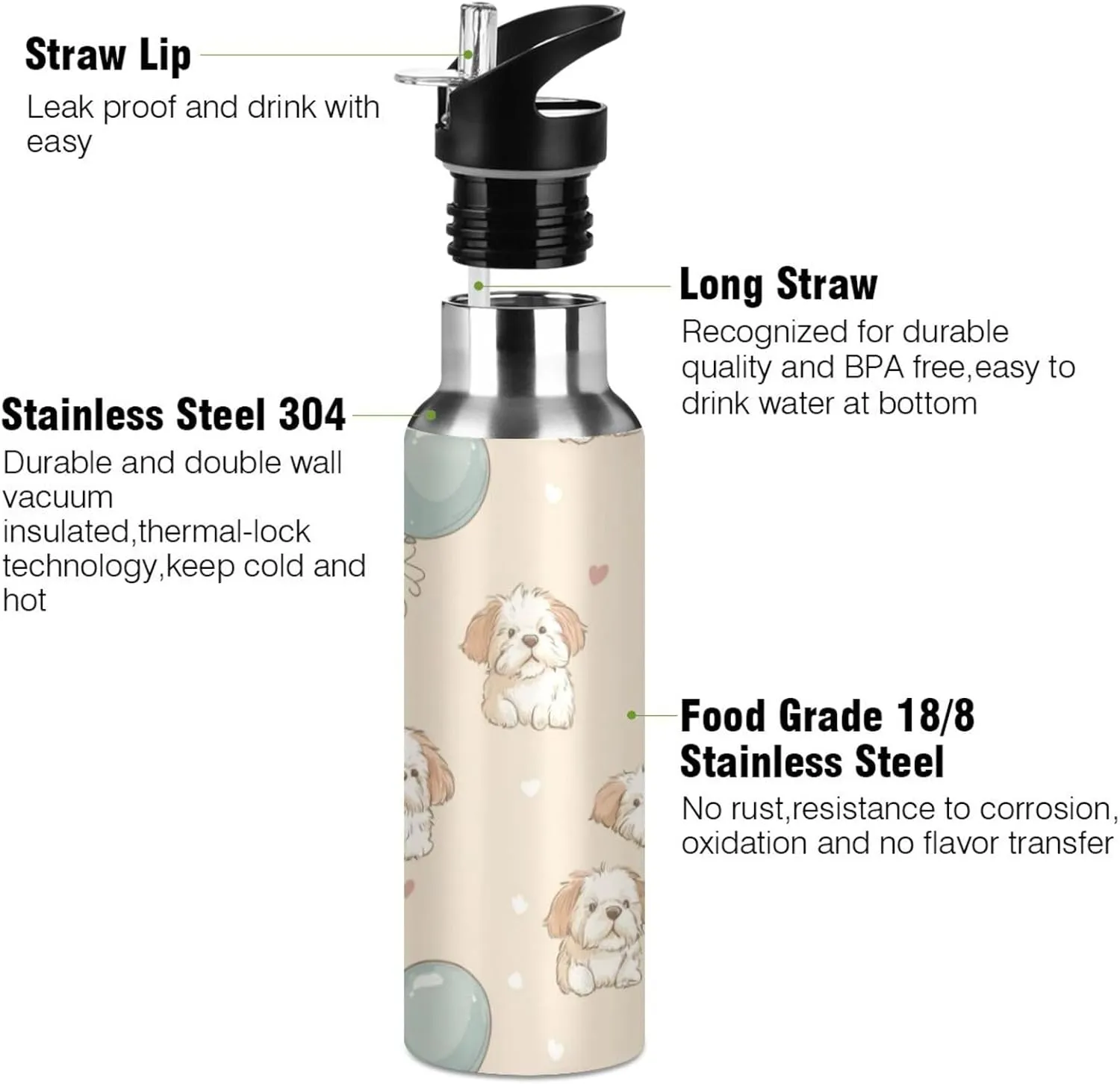 Fluffy Puppies Water Bottle with Straw Lid Double Wall Ballons Thermos Bottle Vacuum Insulated Flask Stainless Steel Water Bottle for Gym Outdoor 20 OZ