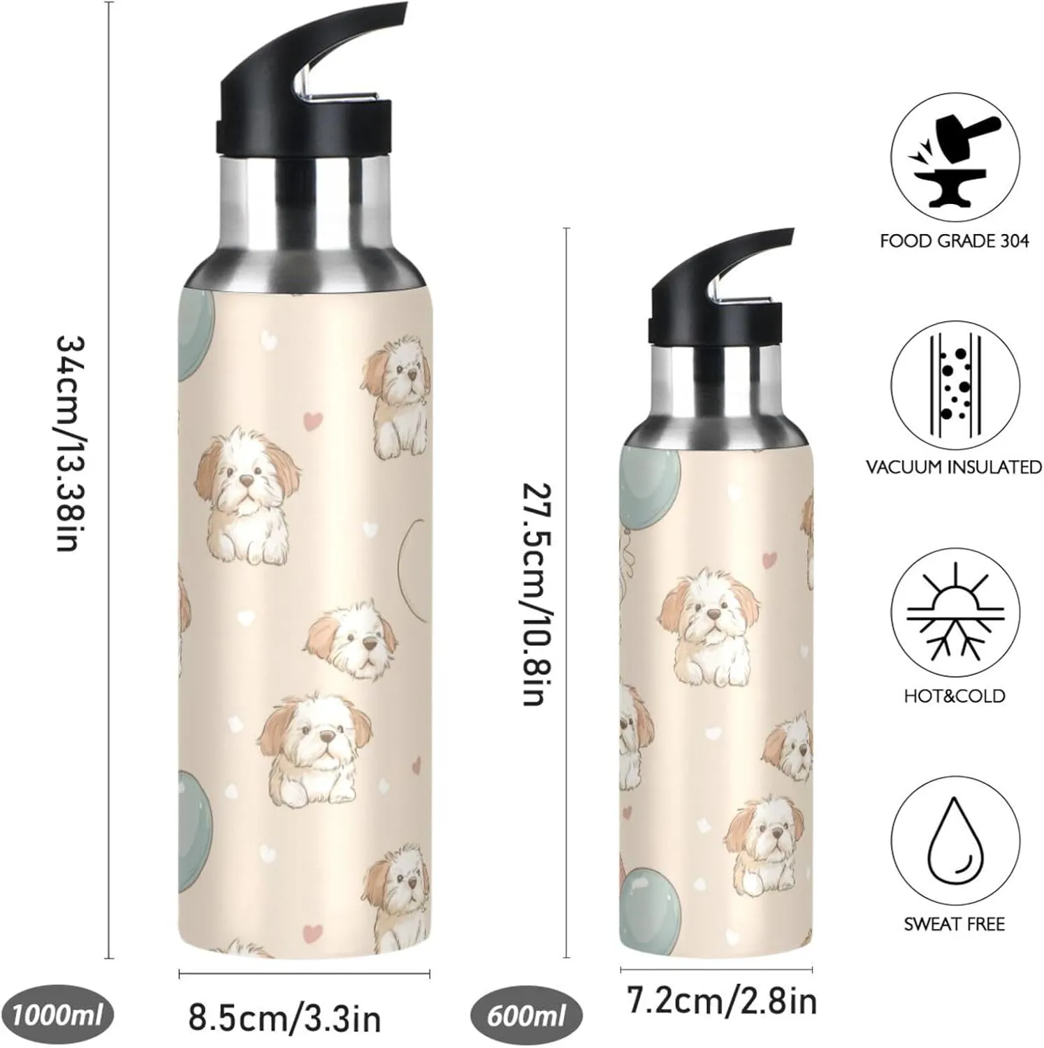 Fluffy Puppies Water Bottle with Straw Lid Double Wall Ballons Thermos Bottle Vacuum Insulated Flask Stainless Steel Water Bottle for Gym Outdoor 20 OZ
