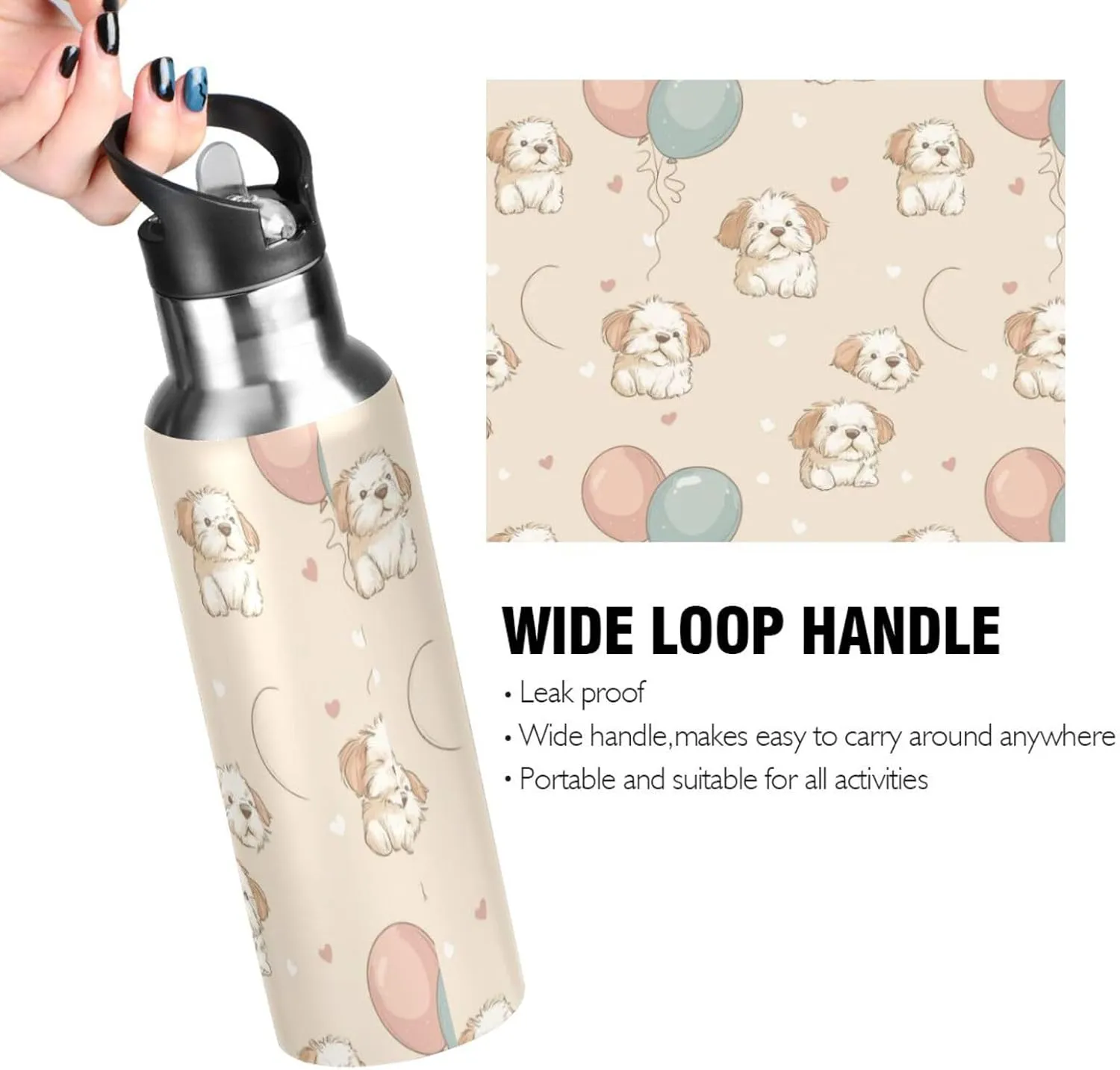 Fluffy Puppies Water Bottle with Straw Lid Double Wall Ballons Thermos Bottle Vacuum Insulated Flask Stainless Steel Water Bottle for Gym Outdoor 20 OZ