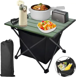 Foldable Camping Side Table, Ultralight Small Beach Tables Aluminum, Portable Outdoor Table with Carry Bag and Storage for Picnic, Grill, Hiking, Fishing, Sand, Camping Essentials, OliveGreen