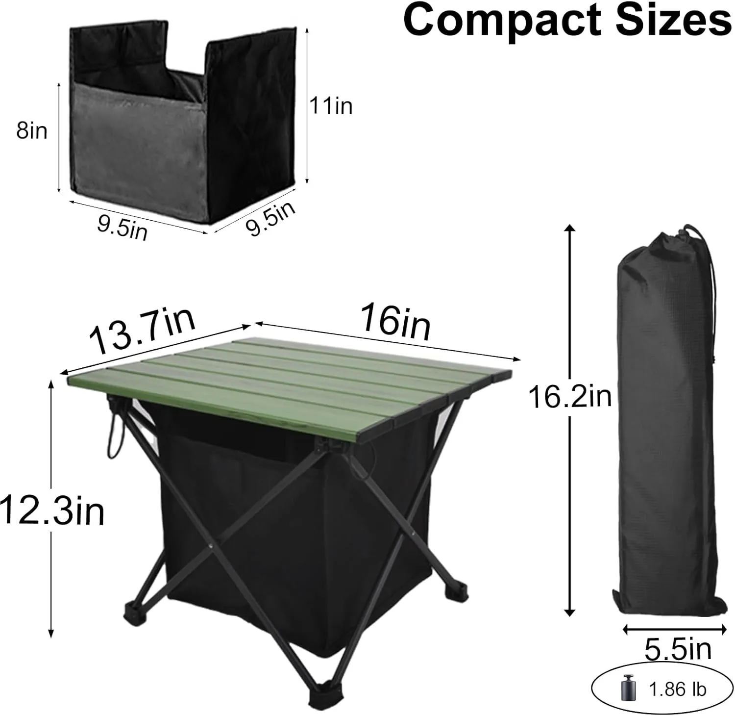 Foldable Camping Side Table, Ultralight Small Beach Tables Aluminum, Portable Outdoor Table with Carry Bag and Storage for Picnic, Grill, Hiking, Fishing, Sand, Camping Essentials, OliveGreen