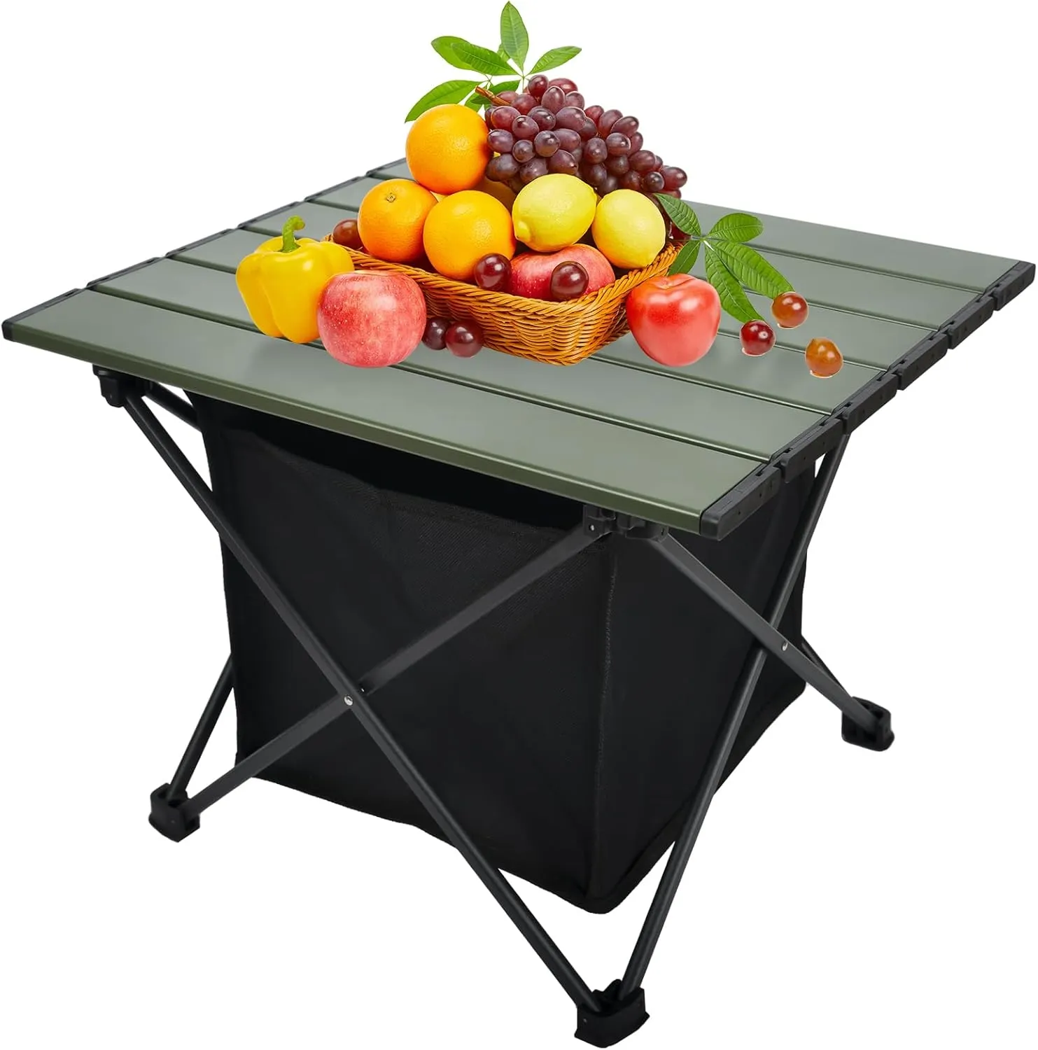 Foldable Camping Side Table, Ultralight Small Beach Tables Aluminum, Portable Outdoor Table with Carry Bag and Storage for Picnic, Grill, Hiking, Fishing, Sand, Camping Essentials, OliveGreen