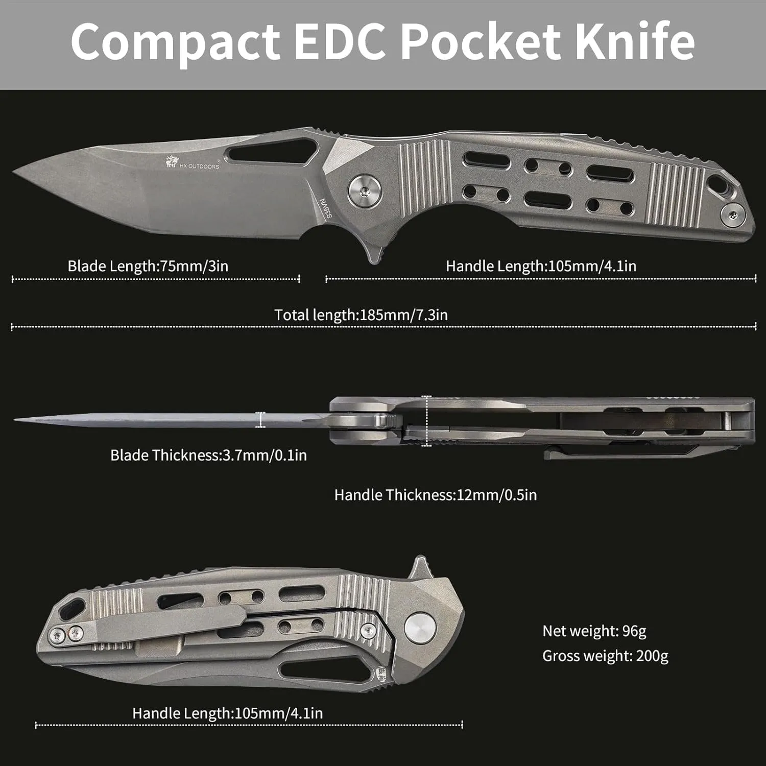 Foldable Pocket Knife with Lock, High End S35VN Steel Folding Knife with Non Slip Titanium Alloy Handle(Silver)