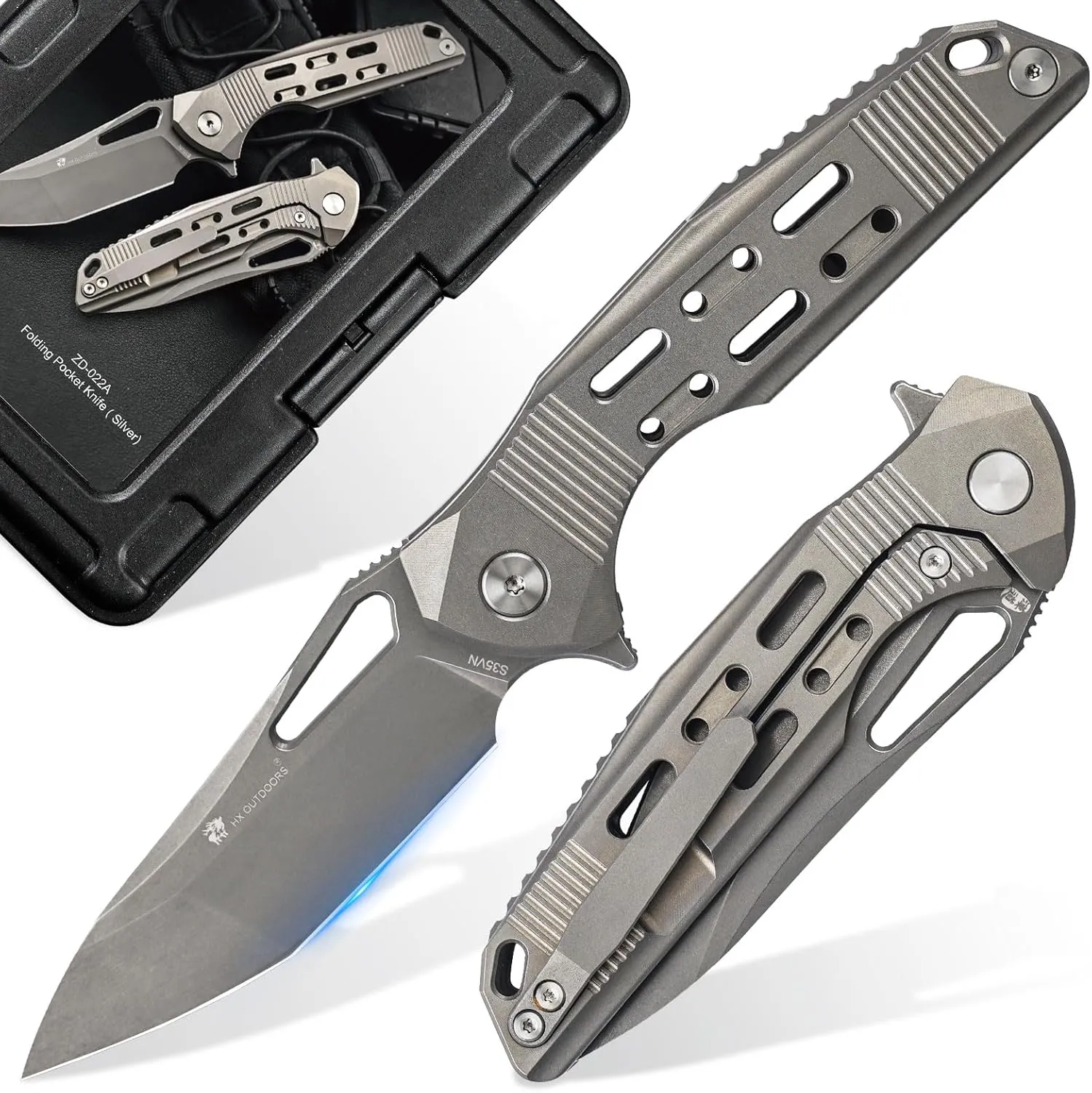 Foldable Pocket Knife with Lock, High End S35VN Steel Folding Knife with Non Slip Titanium Alloy Handle(Silver)