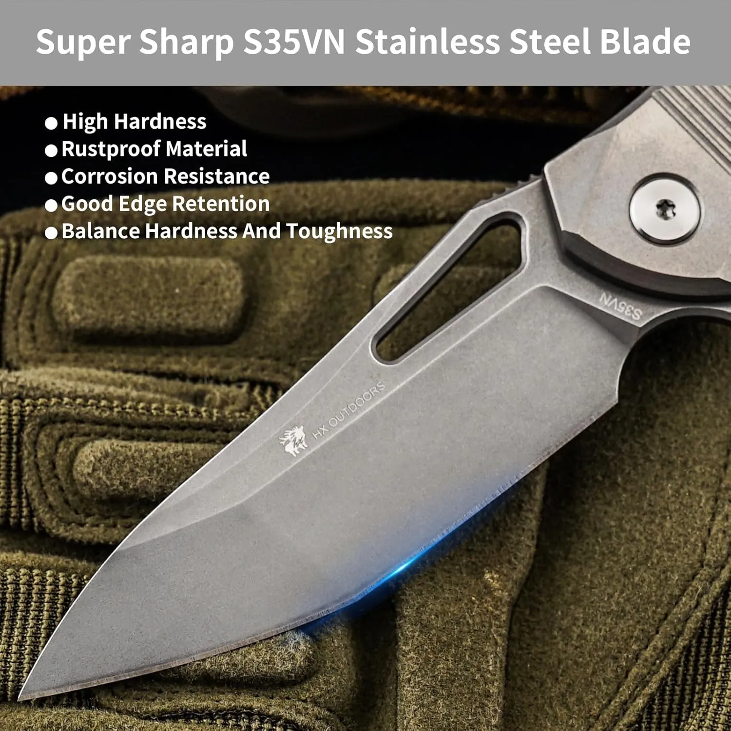 Foldable Pocket Knife with Lock, High End S35VN Steel Folding Knife with Non Slip Titanium Alloy Handle(Silver)