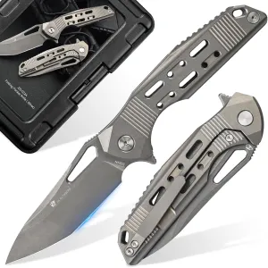 Foldable Pocket Knife with Lock, High End S35VN Steel Folding Knife with Non Slip Titanium Alloy Handle(Silver)
