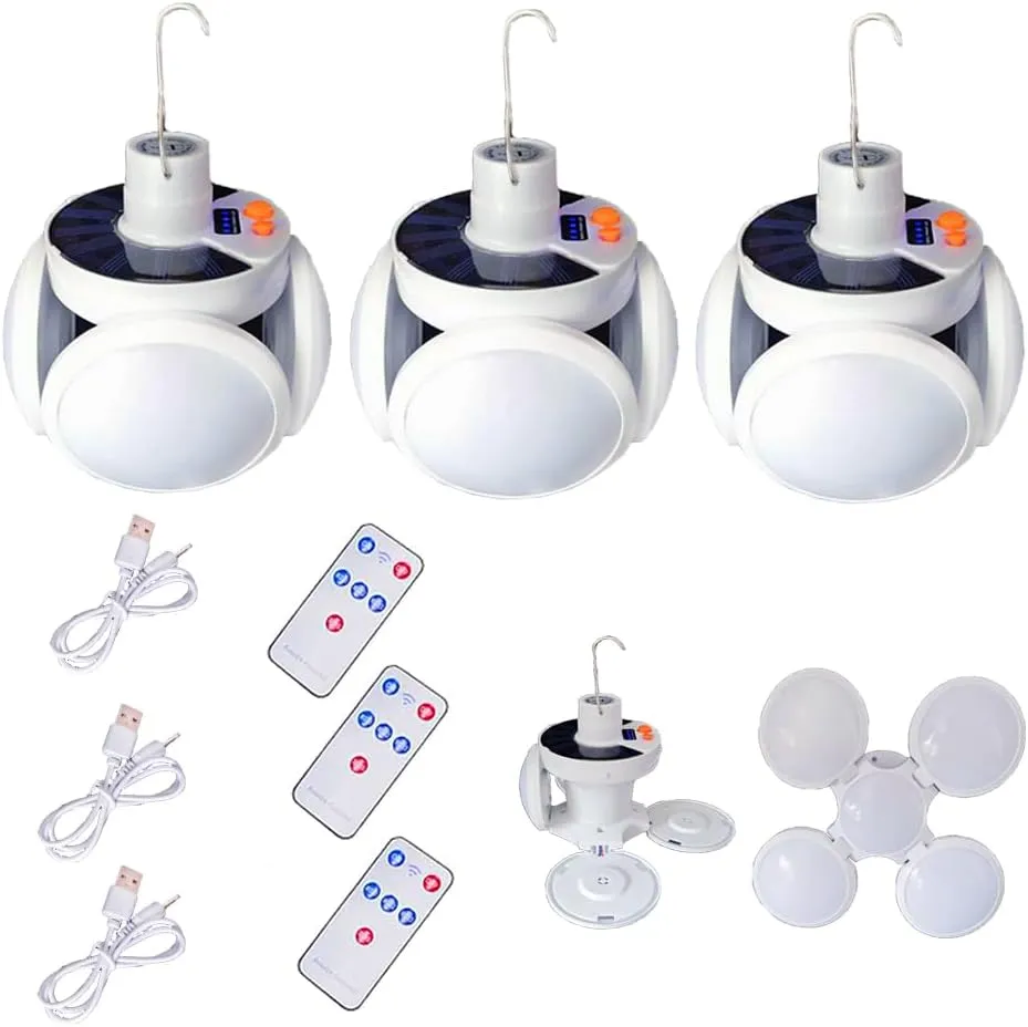 Foldable Solar Tent Camping Lamp Battery Rechargeable Lantern Hanging Remote Control Portable Collapsible 45 LED Light 5 Mode USB Power Outage Outdoor Waterproof Fishing Emergency 3 Pack