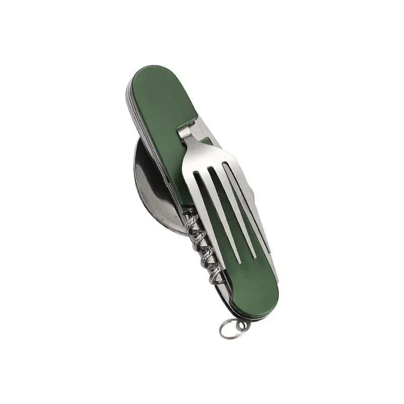 Foldable Spoon Knife Fork Bottle Tablespoon Set 4 in 1 Bottle Opener Stainless Steel Folding Pocket Kits Outdoor Camping Utensil
