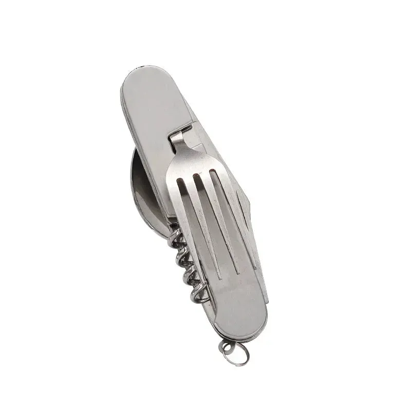 Foldable Spoon Knife Fork Bottle Tablespoon Set 4 in 1 Bottle Opener Stainless Steel Folding Pocket Kits Outdoor Camping Utensil