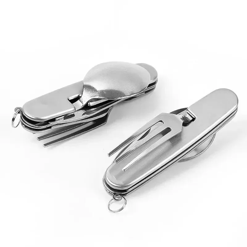 Foldable Spoon Knife Fork Bottle Tablespoon Set 4 in 1 Bottle Opener Stainless Steel Folding Pocket Kits Outdoor Camping Utensil