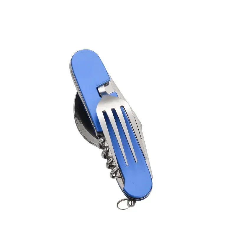 Foldable Spoon Knife Fork Bottle Tablespoon Set 4 in 1 Bottle Opener Stainless Steel Folding Pocket Kits Outdoor Camping Utensil