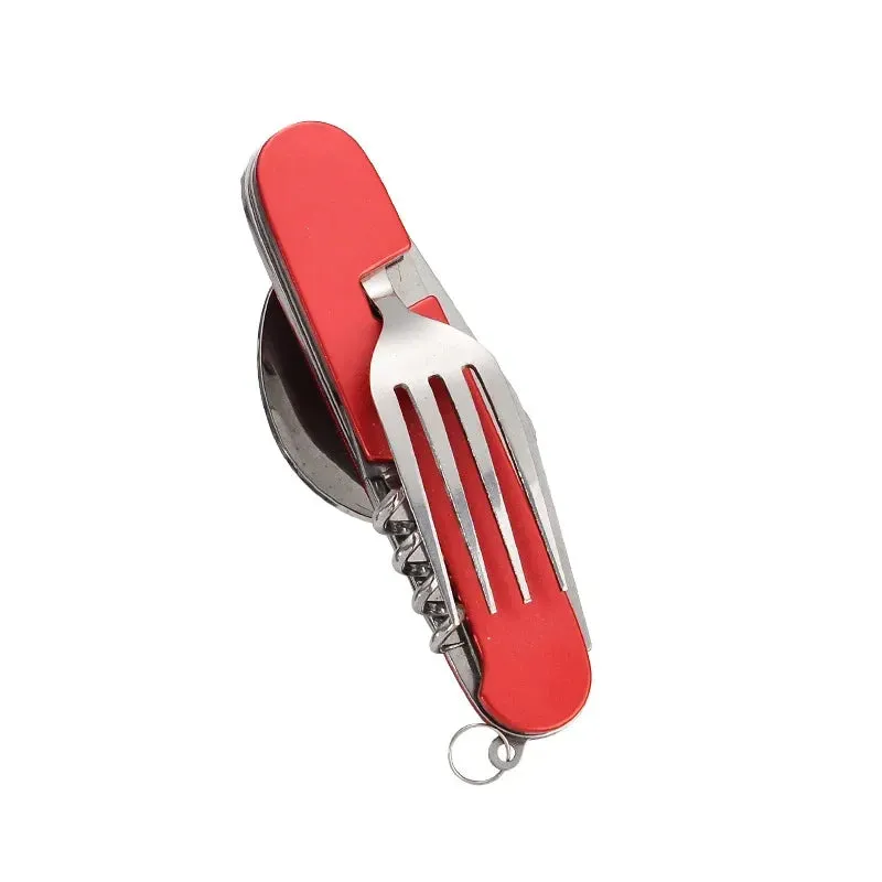 Foldable Spoon Knife Fork Bottle Tablespoon Set 4 in 1 Bottle Opener Stainless Steel Folding Pocket Kits Outdoor Camping Utensil