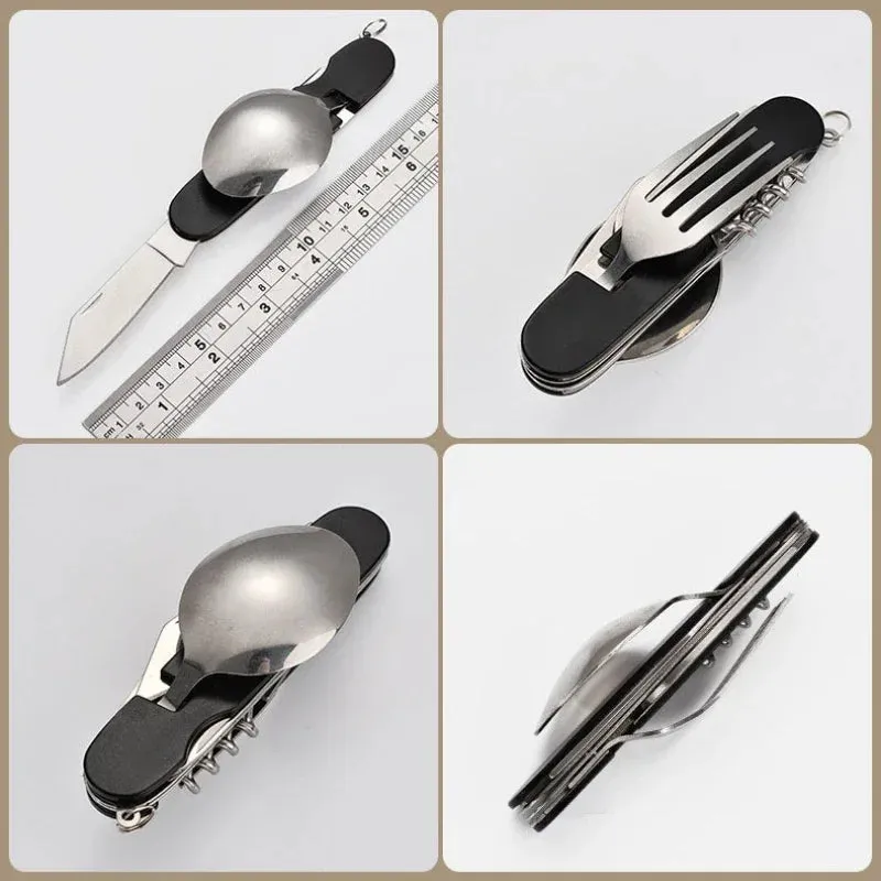 Foldable Spoon Knife Fork Bottle Tablespoon Set 4 in 1 Bottle Opener Stainless Steel Folding Pocket Kits Outdoor Camping Utensil
