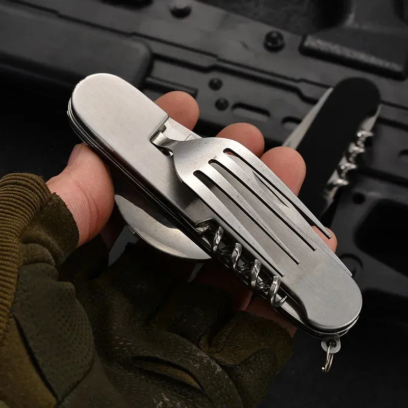 Foldable Spoon Knife Fork Bottle Tablespoon Set 4 in 1 Bottle Opener Stainless Steel Folding Pocket Kits Outdoor Camping Utensil
