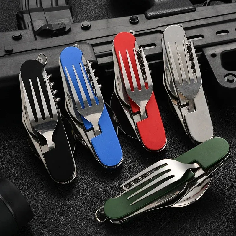 Foldable Spoon Knife Fork Bottle Tablespoon Set 4 in 1 Bottle Opener Stainless Steel Folding Pocket Kits Outdoor Camping Utensil