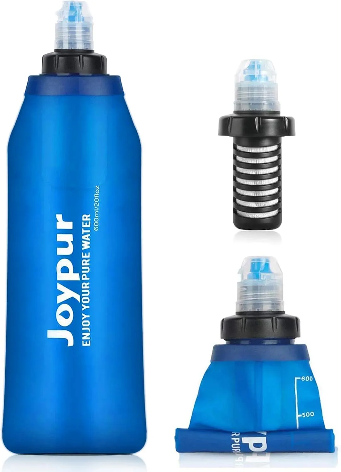 Foldable Squeeze Filtered Water Bottle - BPA Free Reusable 600-1000ml Lightweight Leak-Proof Silicone Water Bottle - Designed for Outdoor Hiking, Camping, Gym and Backpacking