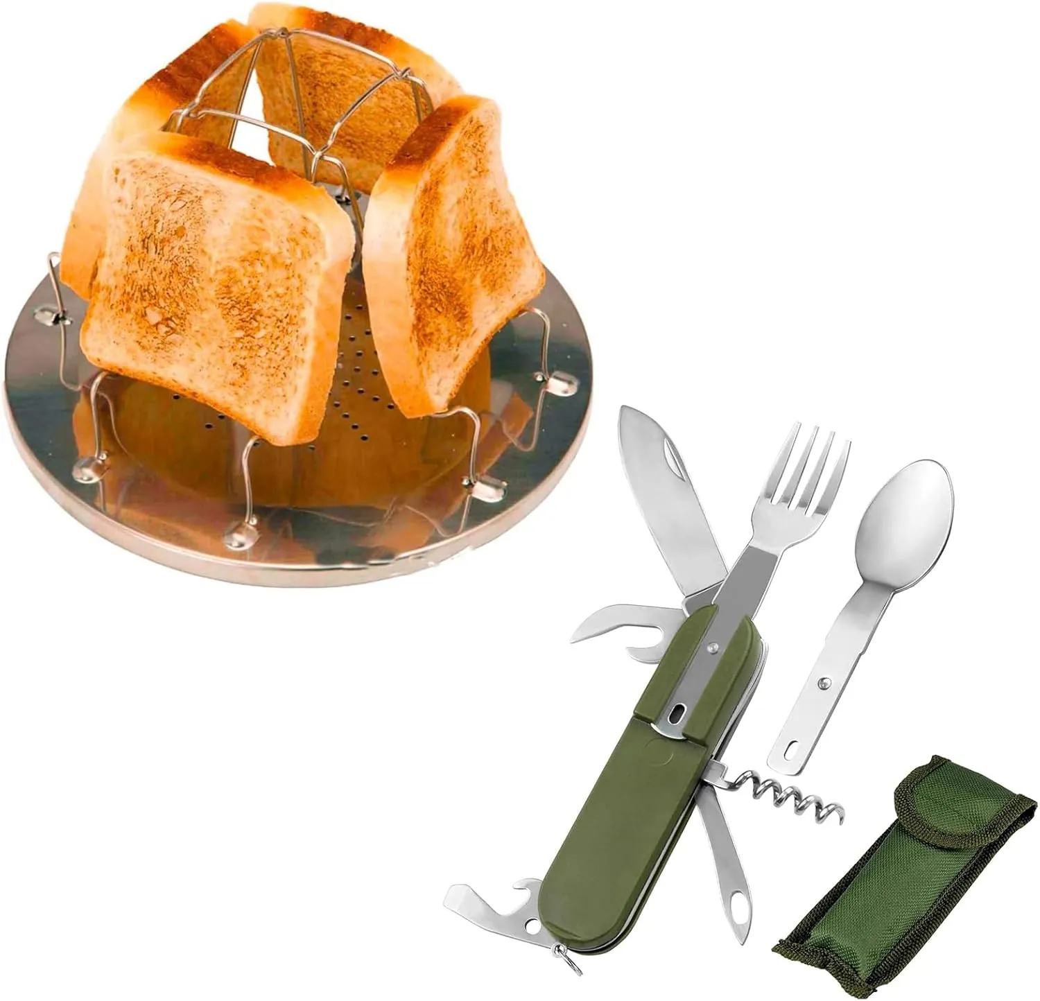 Folding Camp Stove Toaster & 7-in-1 Utensil Set – Portable Stainless Steel 4-Slice Toaster Rack, Fork, Spoon, Knife for Camping, Hiking, BBQ, Fishing, Picnics, Outdoor Cooking, and Survival Kit