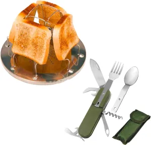 Folding Camp Stove Toaster & 7-in-1 Utensil Set – Portable Stainless Steel 4-Slice Toaster Rack, Fork, Spoon, Knife for Camping, Hiking, BBQ, Fishing, Picnics, Outdoor Cooking, and Survival Kit
