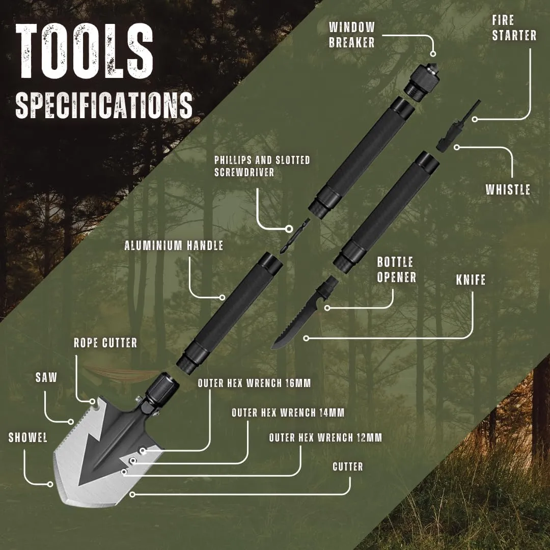 Folding Camping Shovel - Portable Survival Military Tool with Multi-Function Gear for Emergency & Adventure - Collapsible Shovel for Outdoor Camping & Hiking