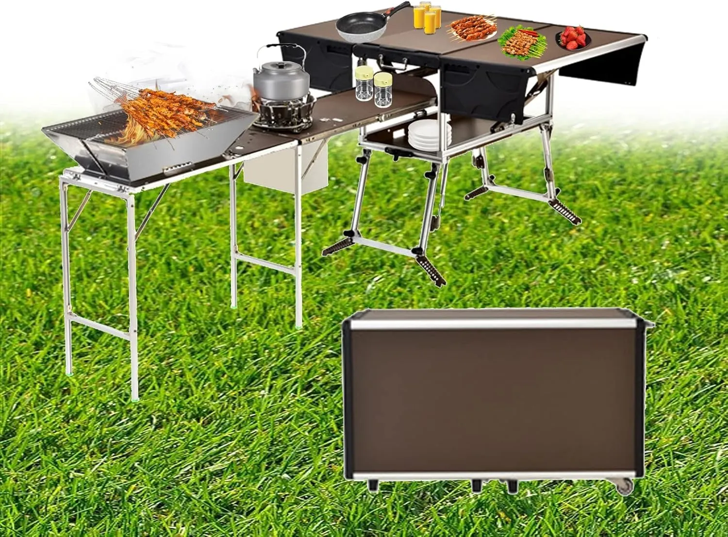 Folding Camping Table, Outdoor Lightweight Mobile Kitchen Table with Hide Organizer, Portable Picnic BBQ Table for Beach Backyard, Package 5