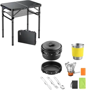 Folding Camping Table with Storage Net, Pure Black Aluminum 2ft Picnic Table & 12pcs Camping Cooking Set for 1 Person, Non-Stick Camping Pots and Pans Set
