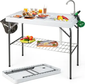Folding Fish Cleaning Table, Fishing Fillet Station w/360° Rotatable Faucet & Sink & Spray Nozzle & Drain Pipe, Outdoor Sink Table, Portable Fish Filleting Table for Camping, Picnic